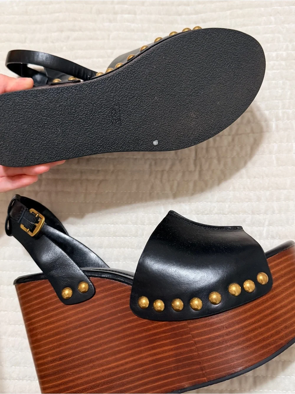 Zara Black Leather Platform Wedge Sandals with Brown Wood-Effect Sole